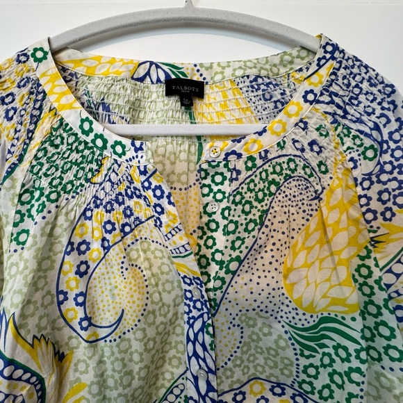Talbots Green Yellow Blue Paisley Smocked Button Down Size Petite Large - Picture 5 of 10